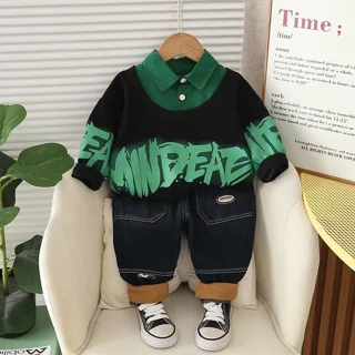 ست پسرانه اسپرت بلوز یقه‌دار + شلوار جین   کد 102522